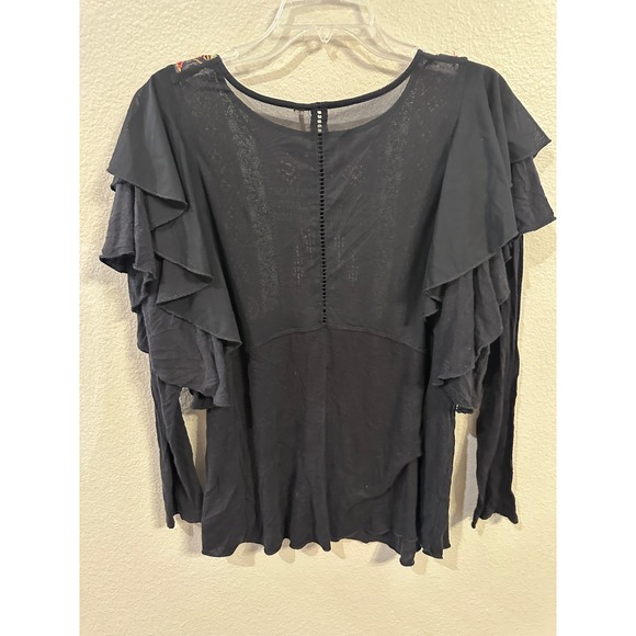 Free People Embroidered Ruffle Long‎ Sleeve Top Blouse Black Bohemian - Picture 5 of 5